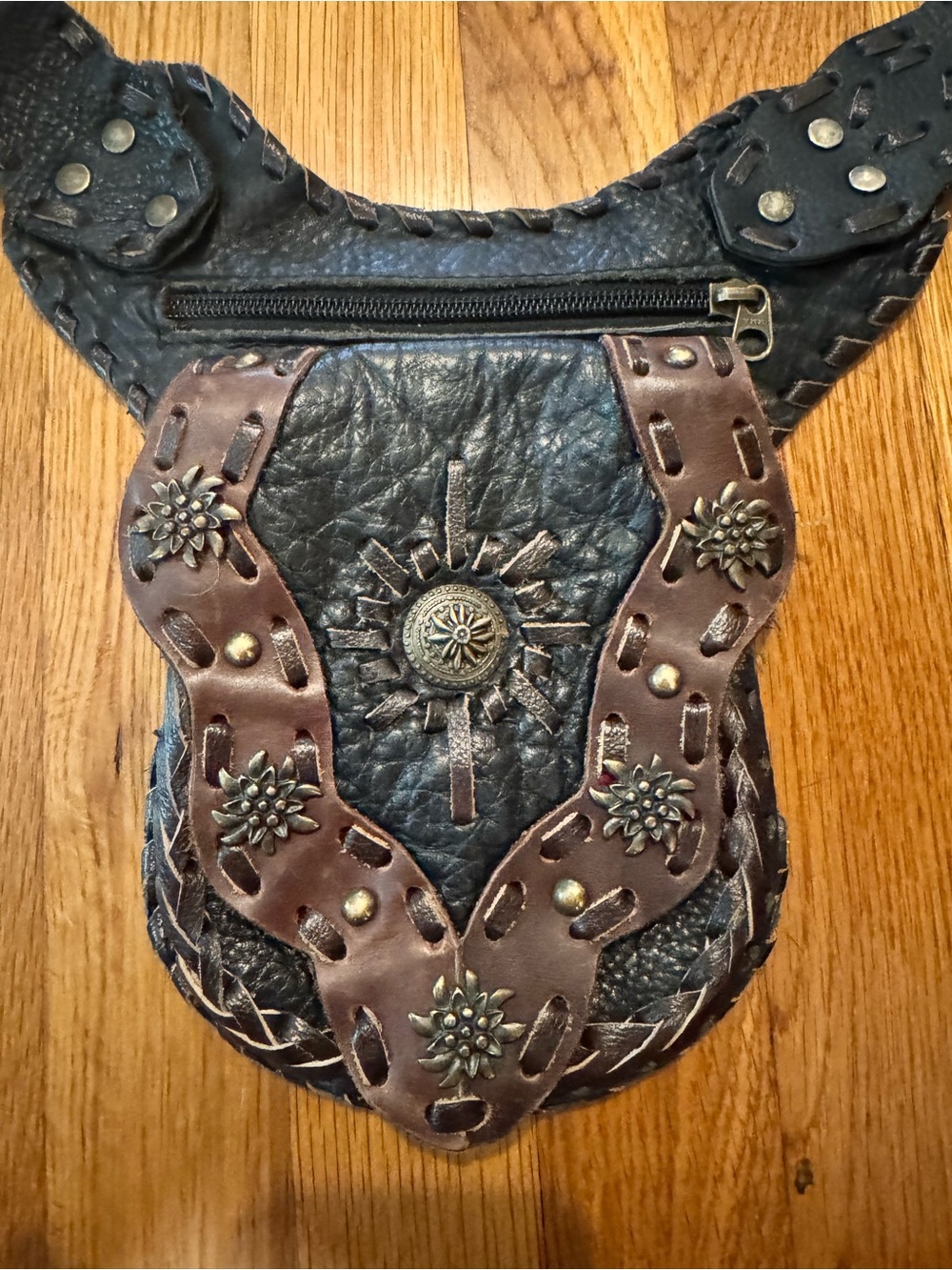 Black & Brown Leather Belt/ Crossbody Bag with Floral Studs